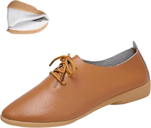 Women's Leather Pointed Toe Casual Flat Shoes,Lightweight Comfort Lace-up Non Slip Softsole Oxford Dress Loafers