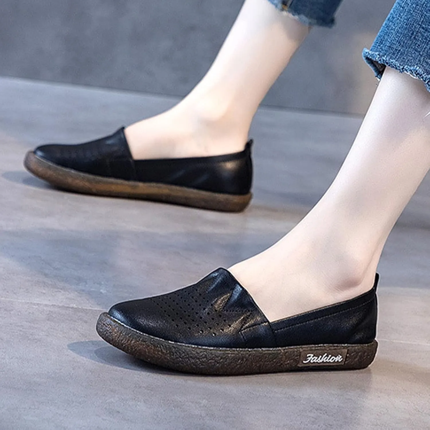 Women's Leather Slip-on Casual Shoes,Lightweight Comfort Pleated Non-Slip Softsole Oxford Dress Flat Walking Loafers