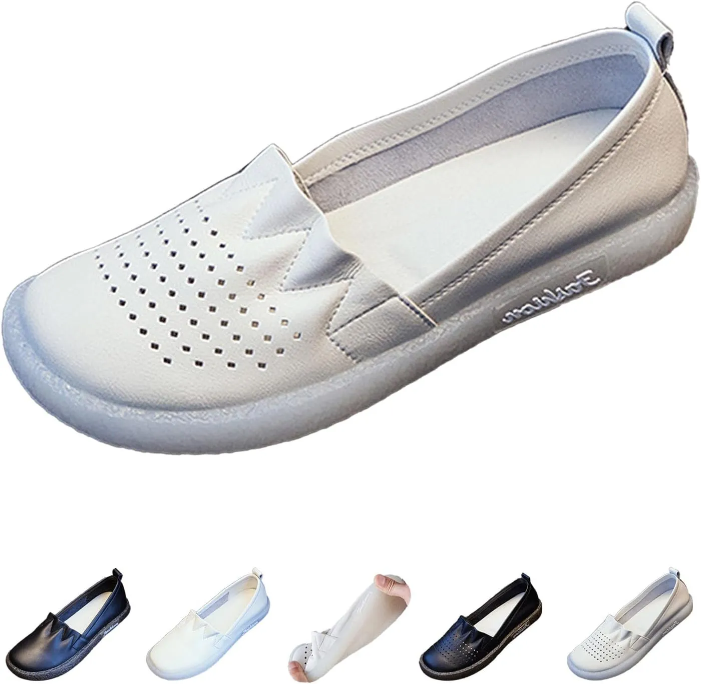 Women's Leather Slip-on Casual Shoes,Lightweight Comfort Pleated Non-Slip Softsole Oxford Dress Flat Walking Loafers