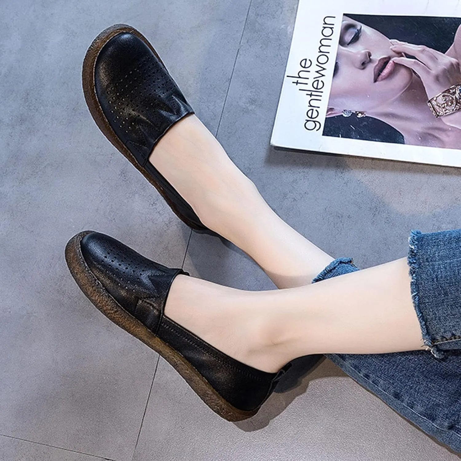 Women's Leather Slip-on Casual Shoes,Lightweight Comfort Pleated Non-Slip Softsole Oxford Dress Flat Walking Loafers