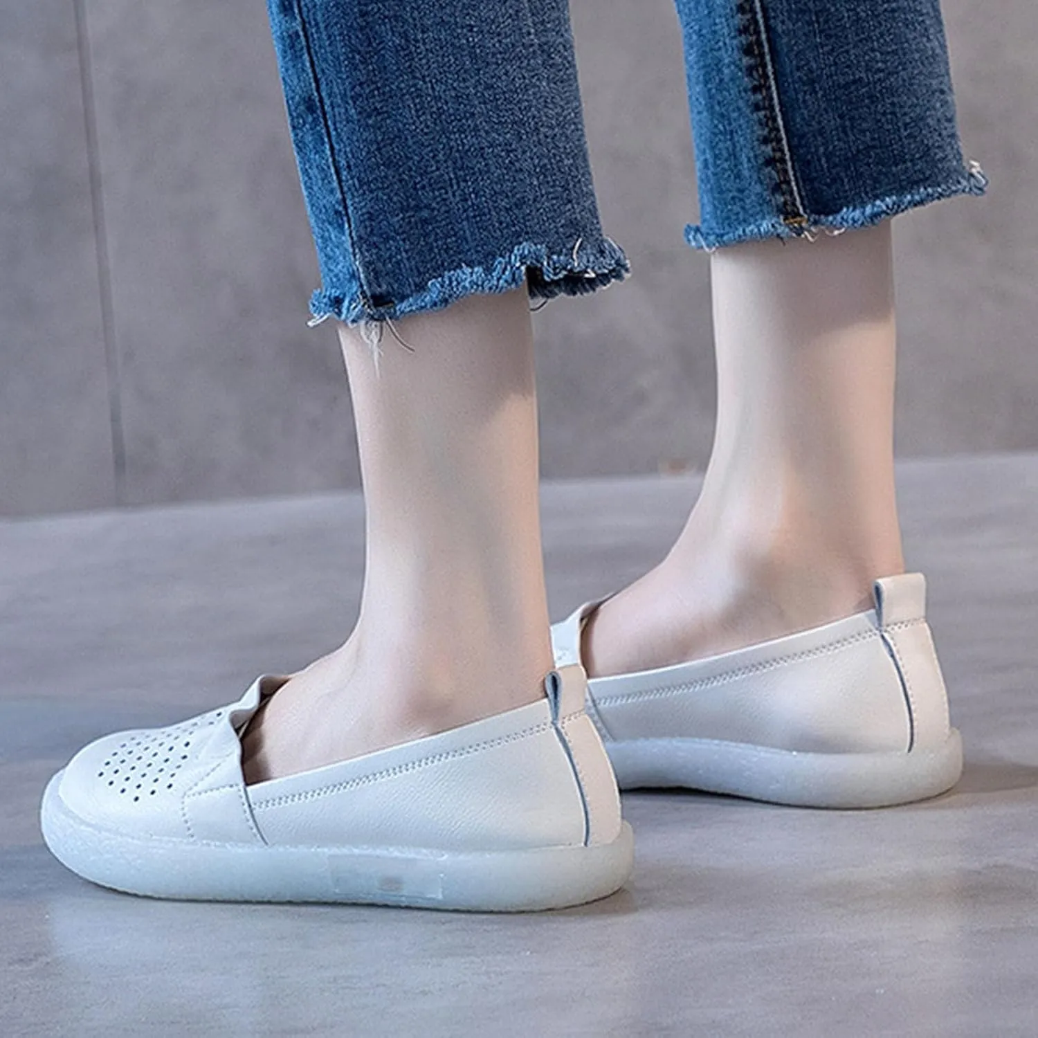 Women's Leather Slip-on Casual Shoes,Lightweight Comfort Pleated Non-Slip Softsole Oxford Dress Flat Walking Loafers