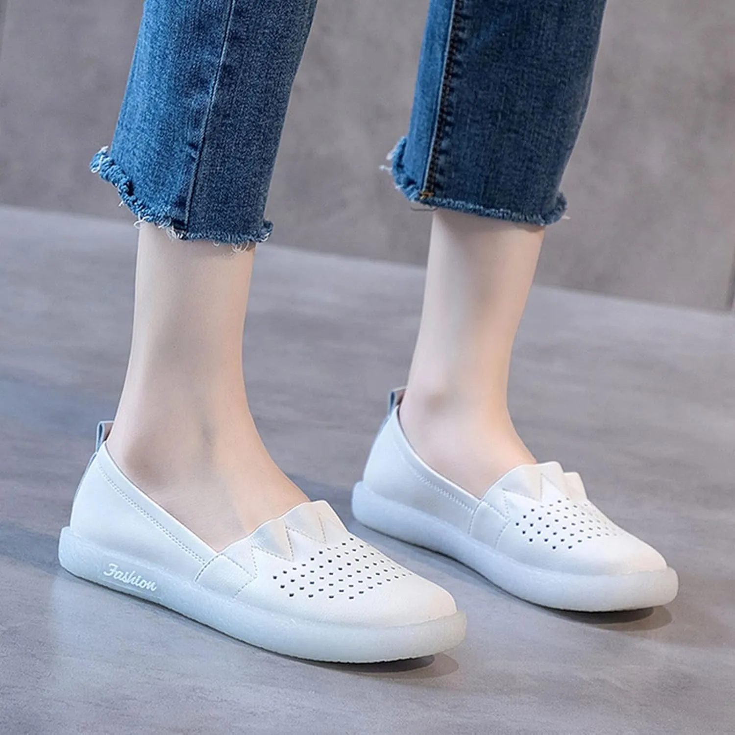 Women's Leather Slip-on Casual Shoes,Lightweight Comfort Pleated Non-Slip Softsole Oxford Dress Flat Walking Loafers