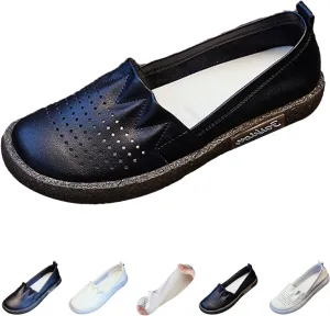 Women's Leather Slip-on Casual Shoes,Lightweight Comfort Pleated Non-Slip Softsole Oxford Dress Flat Walking Loafers