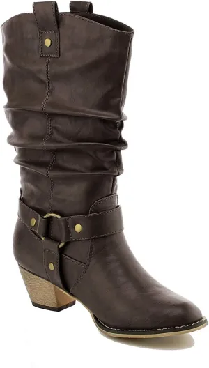 Women's Mid Calf Cowboy Boots Distressed Slouchy O-Ring Studded Pull on Block Heel Riding Boots