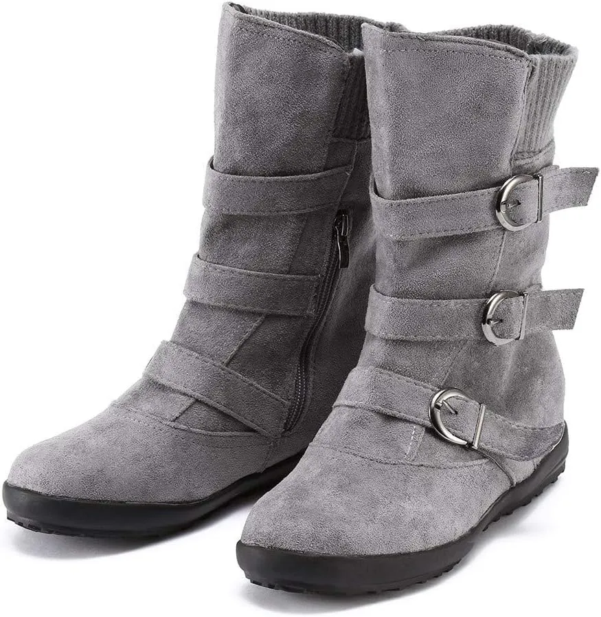 Women's Mid Calf Winter Snow Boots Wide-Calf Round Toe Flat Low Heel Comfort Slouchy Bootie Slip On Outdoor Hiking Non-Slip Shoes Fashion Retro Faux Suede Booties with Side Zipper Buckle Strap