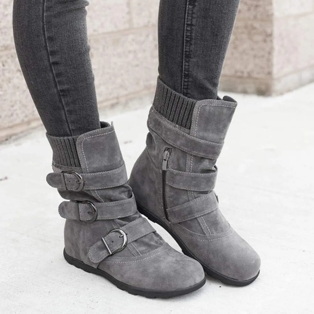 Women's Mid Calf Winter Snow Boots Wide-Calf Round Toe Flat Low Heel Comfort Slouchy Bootie Slip On Outdoor Hiking Non-Slip Shoes Fashion Retro Faux Suede Booties with Side Zipper Buckle Strap