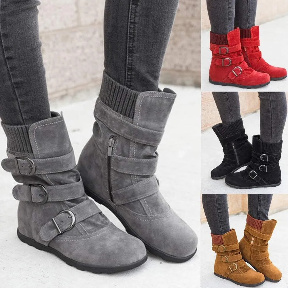 Women's Mid Calf Winter Snow Boots Wide-Calf Round Toe Flat Low Heel Comfort Slouchy Bootie Slip On Outdoor Hiking Non-Slip Shoes Fashion Retro Faux Suede Booties with Side Zipper Buckle Strap