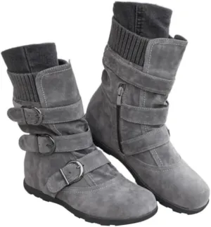 Women's Mid Calf Winter Snow Boots Wide-Calf Round Toe Flat Low Heel Comfort Slouchy Bootie Slip On Outdoor Hiking Non-Slip Shoes Fashion Retro Faux Suede Booties with Side Zipper Buckle Strap