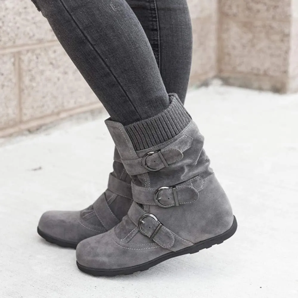 Women's Mid Calf Winter Snow Boots Wide-Calf Round Toe Flat Low Heel Comfort Slouchy Bootie Slip On Outdoor Hiking Non-Slip Shoes Fashion Retro Faux Suede Booties with Side Zipper Buckle Strap