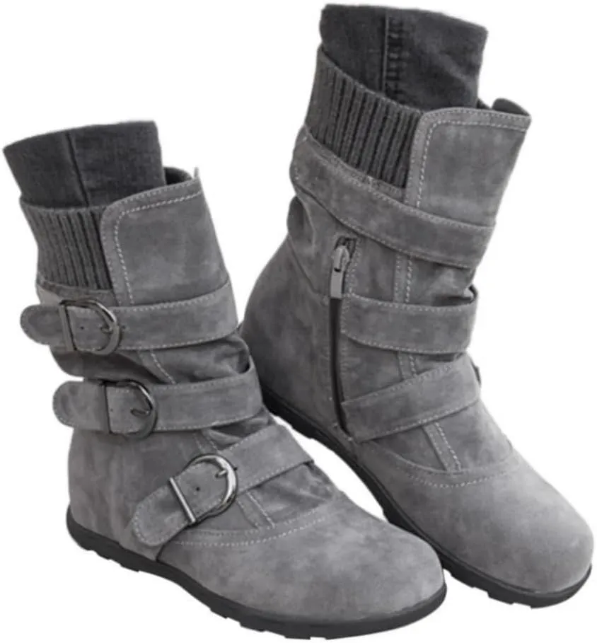 Women's Mid Calf Winter Snow Boots Wide-Calf Round Toe Flat Low Heel Comfort Slouchy Bootie Slip On Outdoor Hiking Non-Slip Shoes Fashion Retro Faux Suede Booties with Side Zipper Buckle Strap