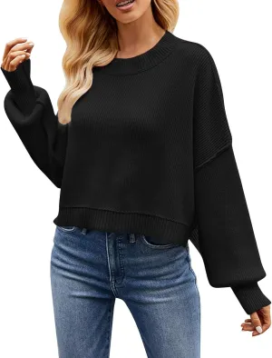 Women's Oversized Drop Shoulder Crop Sweaters Knit Crewneck Lantern Sleeve Pullover Spring Casual Solid Plus Size Jumper Tops
