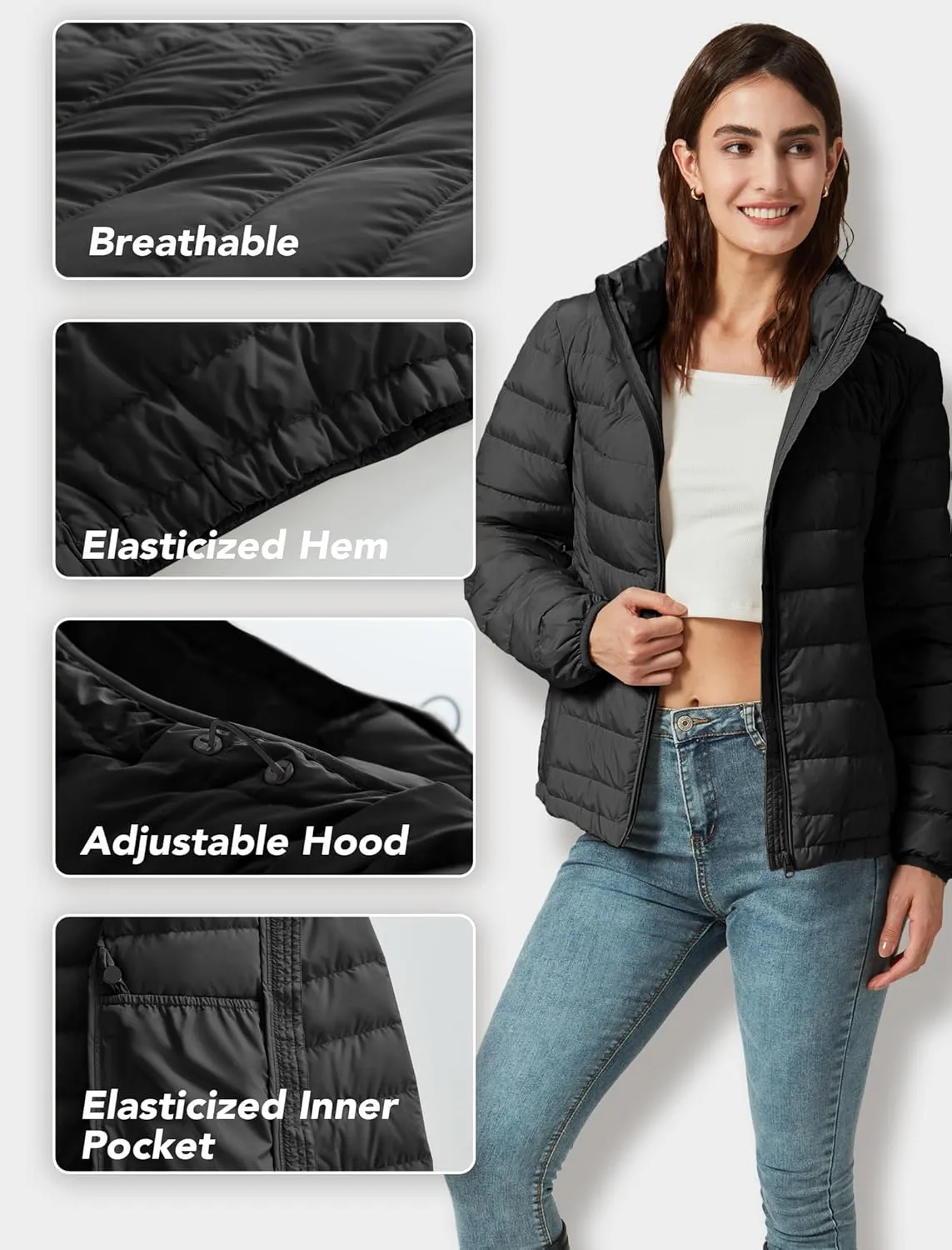Women's Packable Puffer Jacket Hooded Lightweight Puffy Jackets Windproof Winter Coat