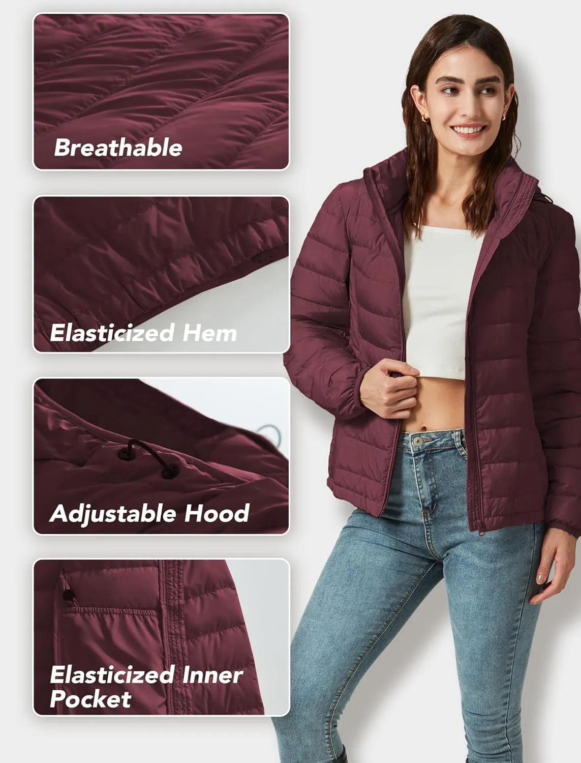 Women's Packable Puffer Jacket Hooded Lightweight Puffy Jackets Windproof Winter Coat