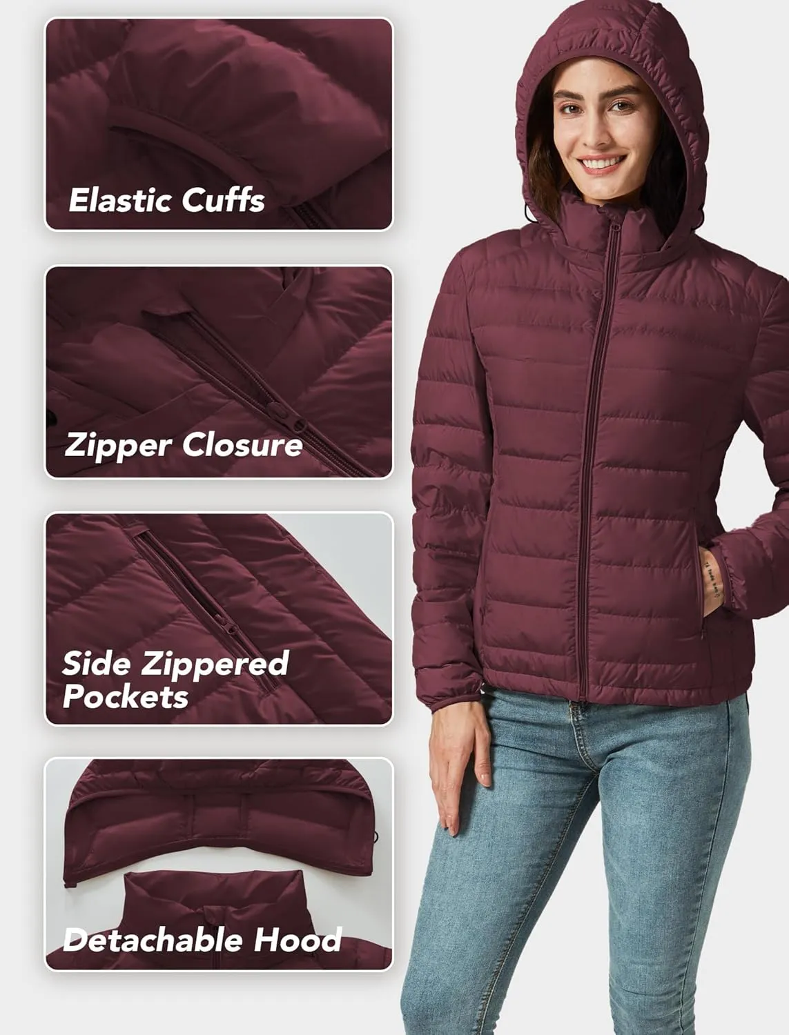 Women's Packable Puffer Jacket Hooded Lightweight Puffy Jackets Windproof Winter Coat