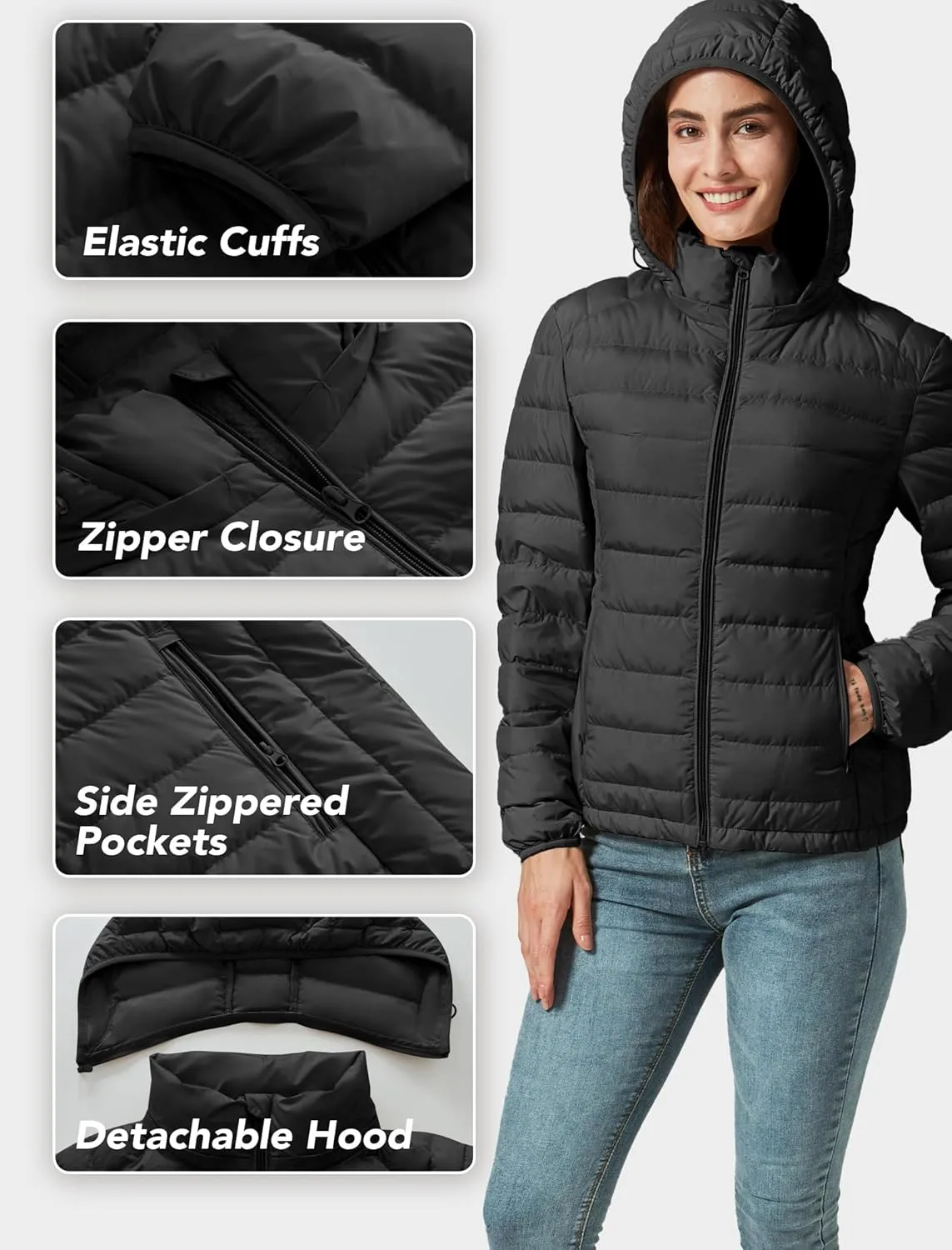 Women's Packable Puffer Jacket Hooded Lightweight Puffy Jackets Windproof Winter Coat
