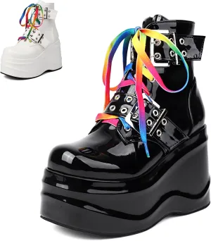 Women's Patent Leather Buckle Wedge Platform Punk Ankle Boots Fashion Round Toe Fall Winter Lace Up Side Zipper Goth Rave Y2K Biker Boots for Party Riding Motorcycle Boots