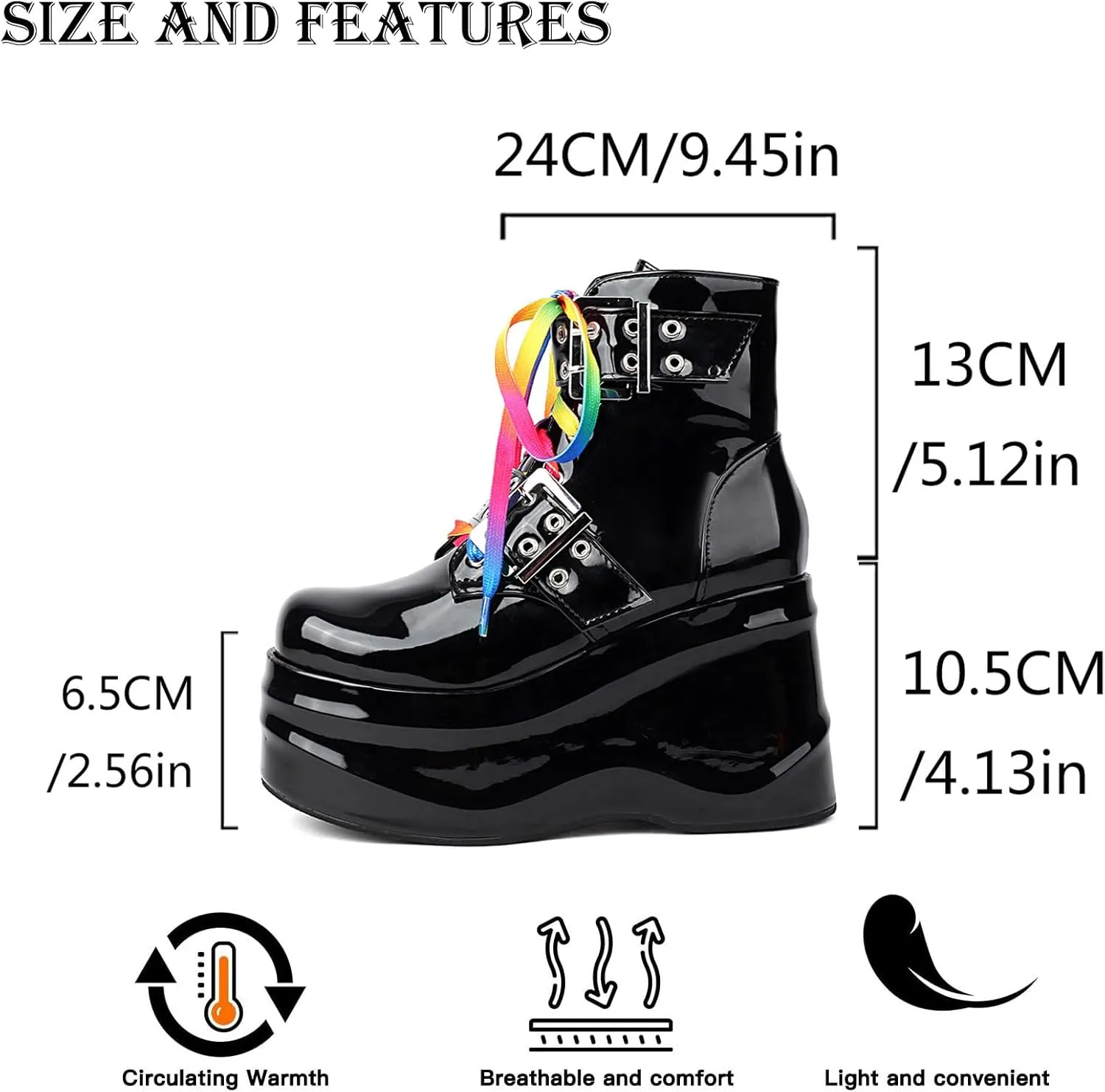 Women's Patent Leather Buckle Wedge Platform Punk Ankle Boots Fashion Round Toe Fall Winter Lace Up Side Zipper Goth Rave Y2K Biker Boots for Party Riding Motorcycle Boots