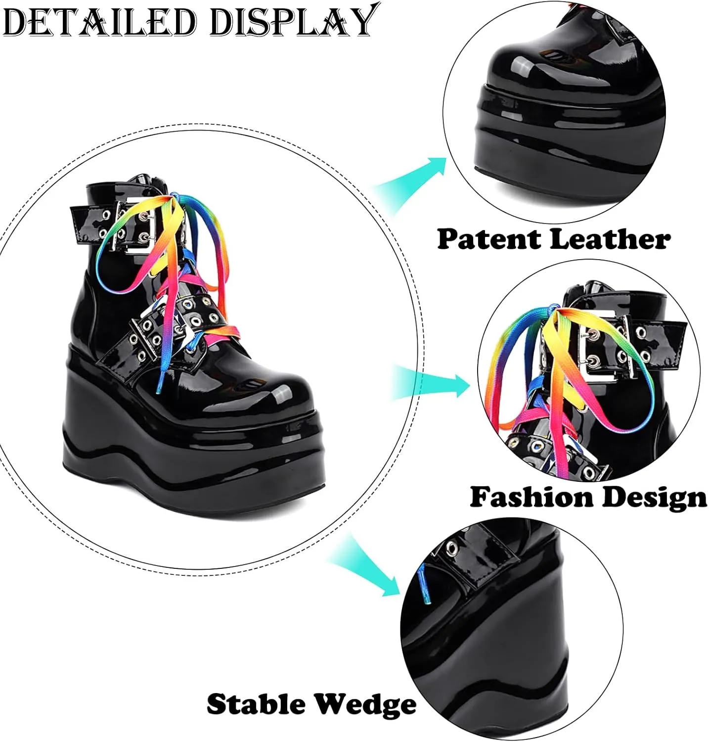 Women's Patent Leather Buckle Wedge Platform Punk Ankle Boots Fashion Round Toe Fall Winter Lace Up Side Zipper Goth Rave Y2K Biker Boots for Party Riding Motorcycle Boots