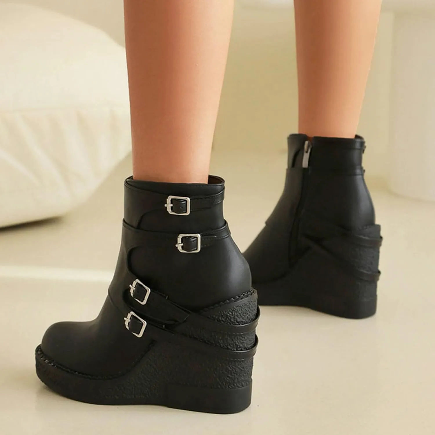 Women's Patent Leather Platform Wedge Mid Calf Boots With Belt Buckle Decor Classic Round Toe Slip-On Slouchy Punk Biker Military Combat Ankle Boots