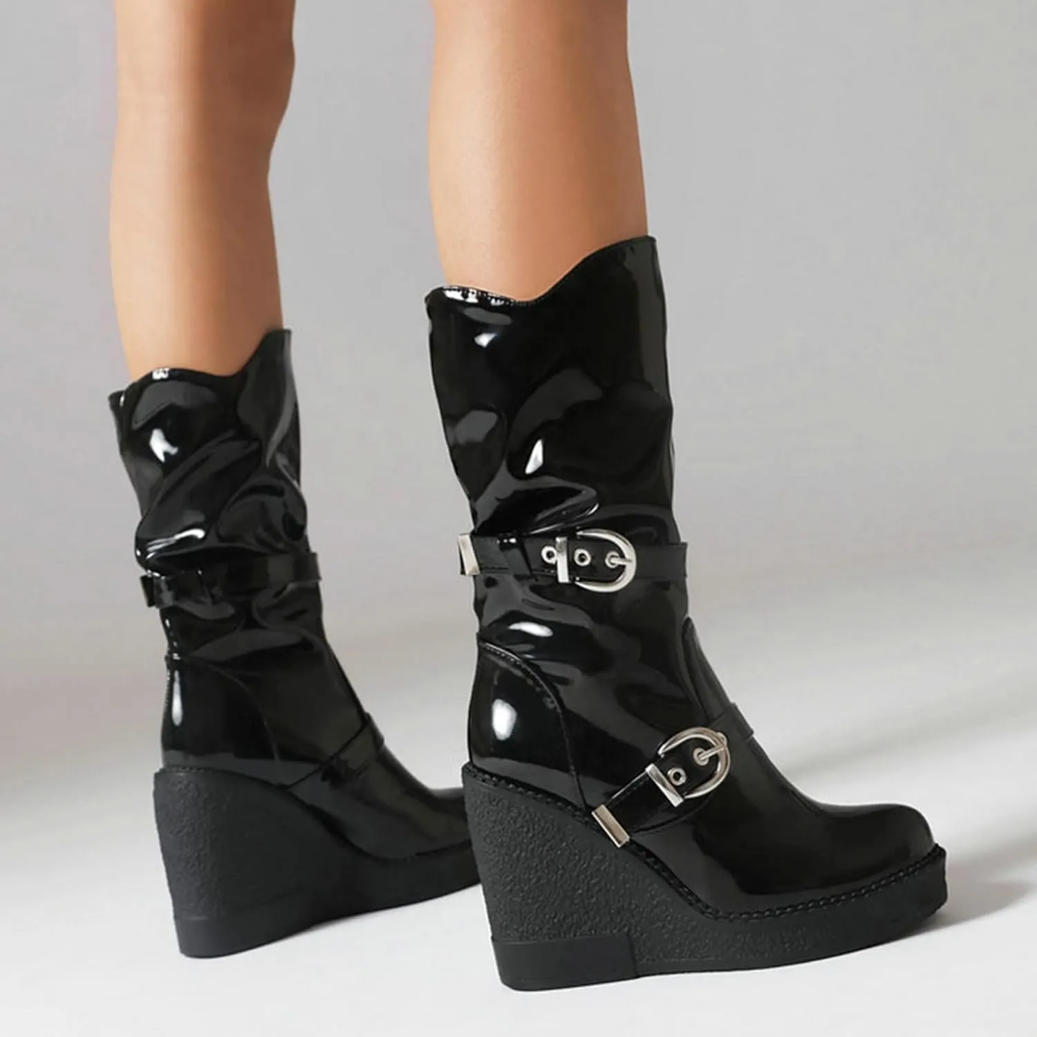 Women's Patent Leather Platform Wedge Mid Calf Boots With Belt Buckle Decor Classic Round Toe Slip-On Slouchy Punk Biker Military Combat Ankle Boots