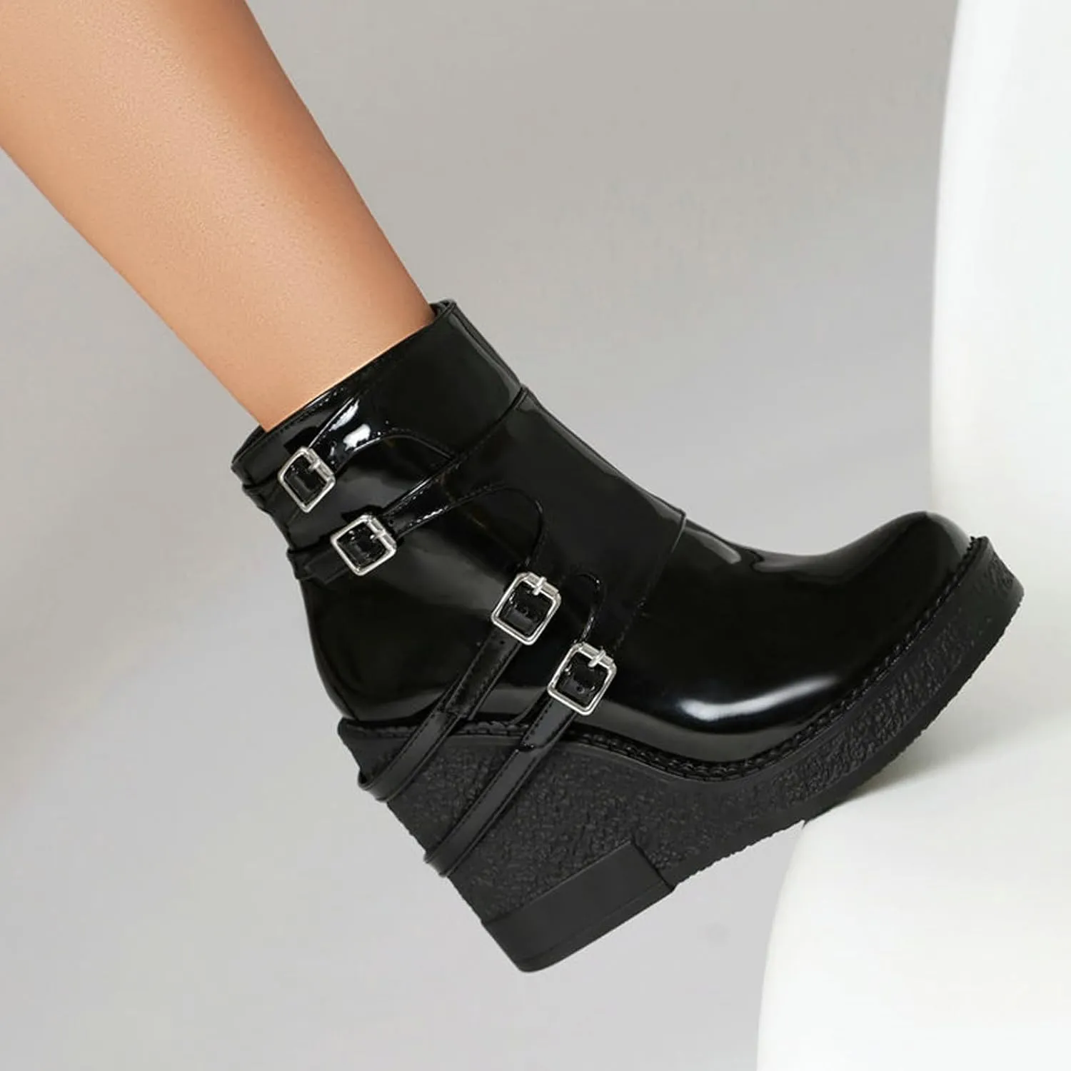 Women's Patent Leather Platform Wedge Mid Calf Boots With Belt Buckle Decor Classic Round Toe Slip-On Slouchy Punk Biker Military Combat Ankle Boots