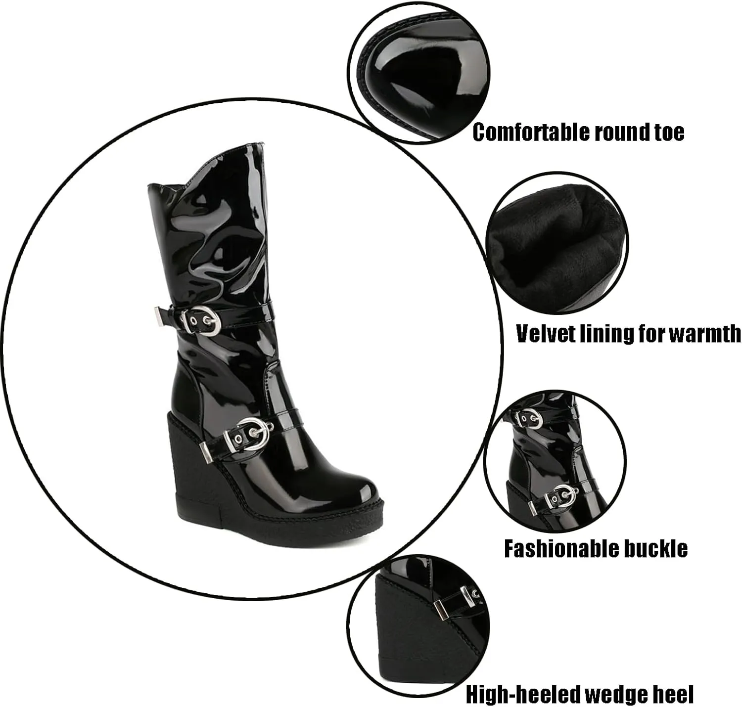 Women's Patent Leather Platform Wedge Mid Calf Boots With Belt Buckle Decor Classic Round Toe Slip-On Slouchy Punk Biker Military Combat Ankle Boots