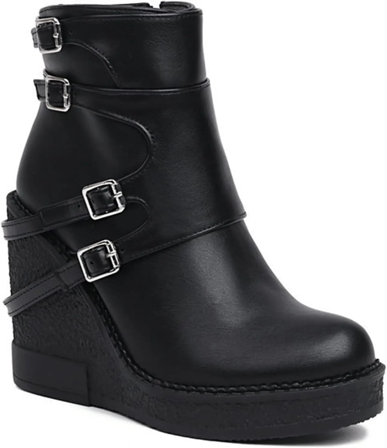 Women's Patent Leather Platform Wedge Mid Calf Boots With Belt Buckle Decor Classic Round Toe Slip-On Slouchy Punk Biker Military Combat Ankle Boots