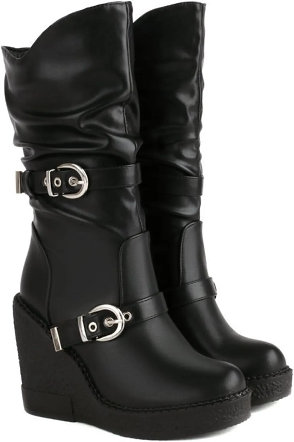 Women's Patent Leather Platform Wedge Mid Calf Boots With Belt Buckle Decor Classic Round Toe Slip-On Slouchy Punk Biker Military Combat Ankle Boots