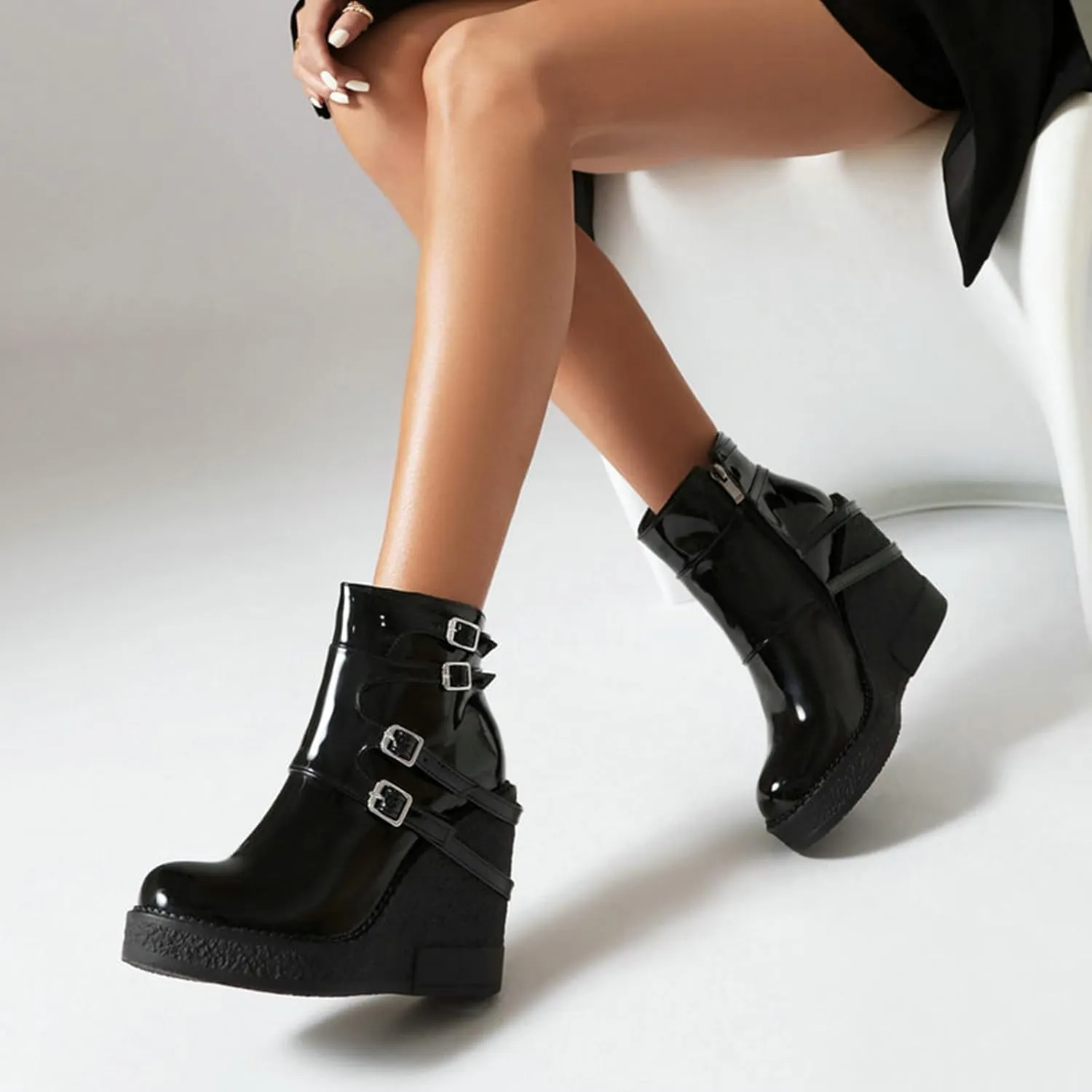 Women's Patent Leather Platform Wedge Mid Calf Boots With Belt Buckle Decor Classic Round Toe Slip-On Slouchy Punk Biker Military Combat Ankle Boots
