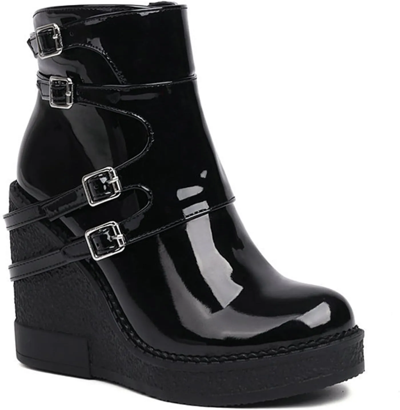 Women's Patent Leather Platform Wedge Mid Calf Boots With Belt Buckle Decor Classic Round Toe Slip-On Slouchy Punk Biker Military Combat Ankle Boots
