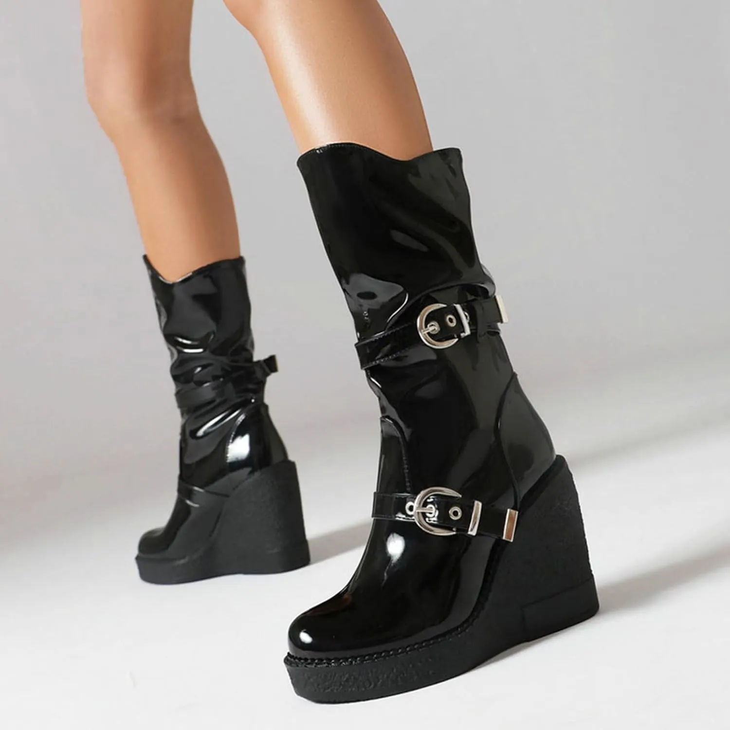 Women's Patent Leather Platform Wedge Mid Calf Boots With Belt Buckle Decor Classic Round Toe Slip-On Slouchy Punk Biker Military Combat Ankle Boots