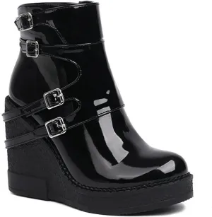 Women's Patent Leather Platform Wedge Mid Calf Boots With Belt Buckle Decor Classic Round Toe Slip-On Slouchy Punk Biker Military Combat Ankle Boots