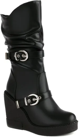 Women's Patent Leather Platform Wedge Mid Calf Boots With Belt Buckle Decor Classic Round Toe Slip-On Slouchy Punk Biker Military Combat Ankle Boots