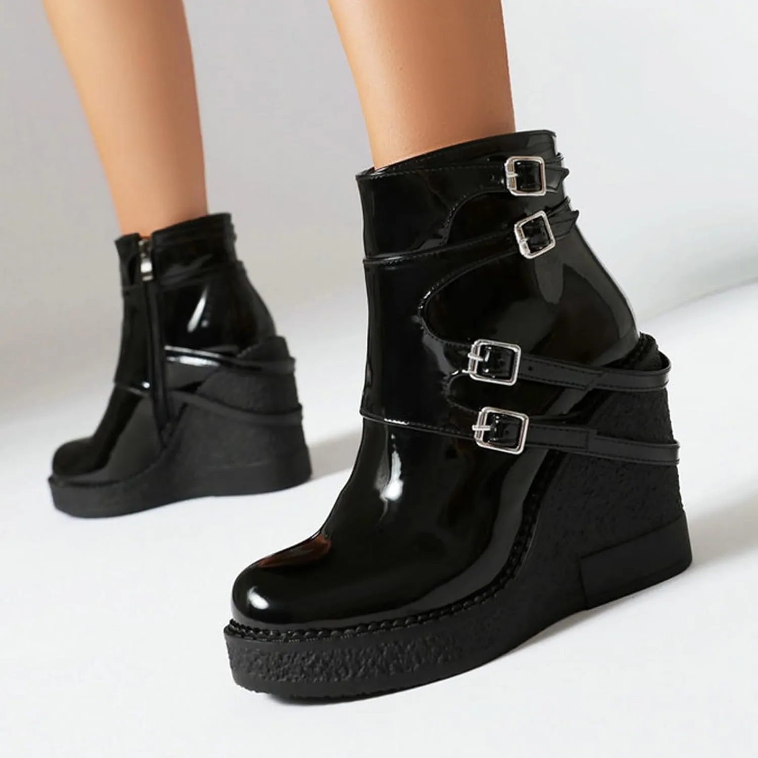 Women's Patent Leather Platform Wedge Mid Calf Boots With Belt Buckle Decor Classic Round Toe Slip-On Slouchy Punk Biker Military Combat Ankle Boots