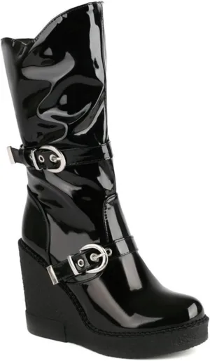Women's Patent Leather Platform Wedge Mid Calf Boots With Belt Buckle Decor Classic Round Toe Slip-On Slouchy Punk Biker Military Combat Ankle Boots