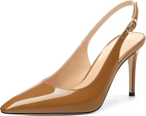 Womens Patent Leather Pointed Toe Slingback Heels, Women's Stiletto Pumps Slip-on High Heels Office Wedding Sandals Party Prom Dress Shoes