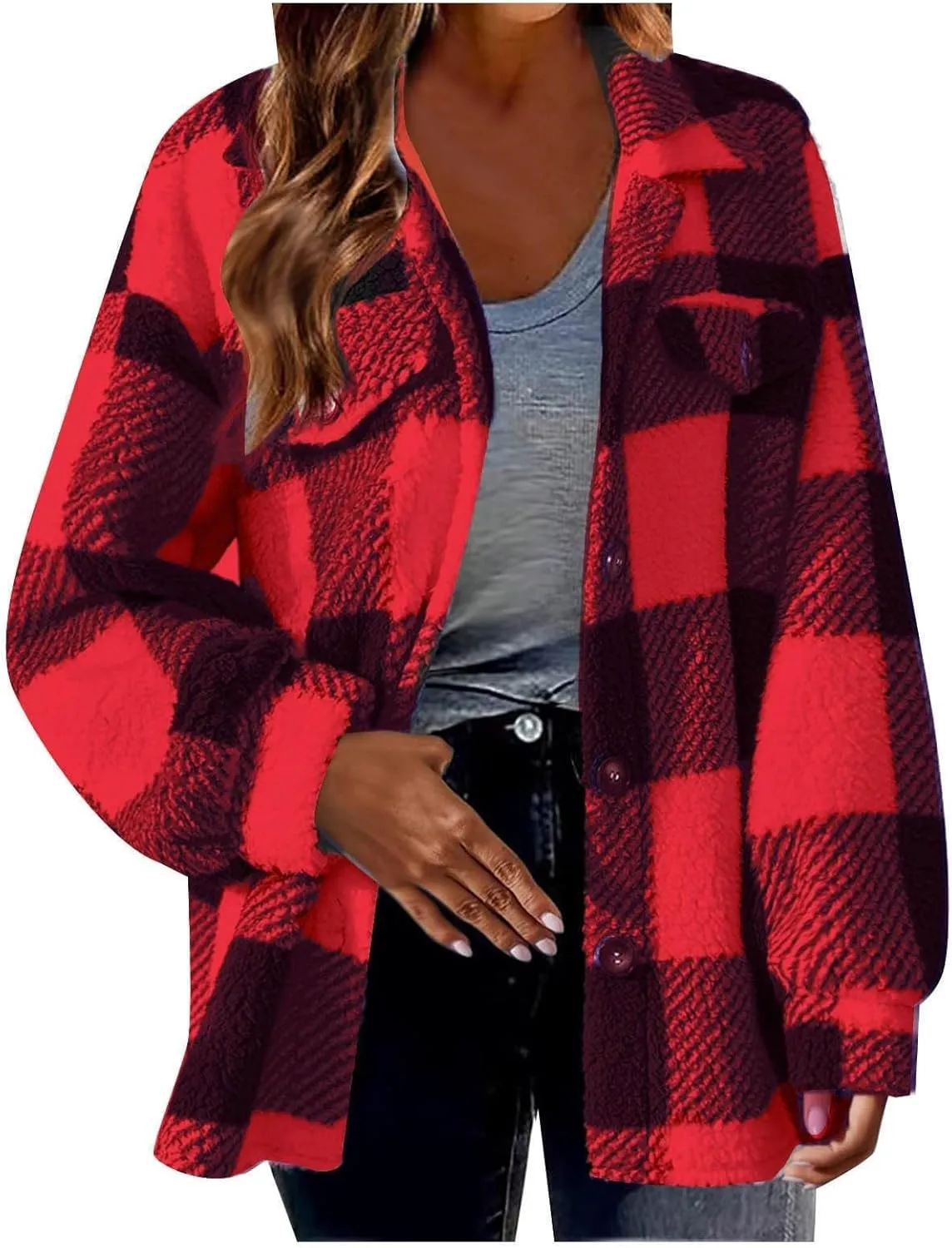 Womens Plaid Fleece Shacket Jacket Oversized Trendy Plaid Flannel Jacket Button Down Fall Winter Warm Hoodie Coat Cardigan