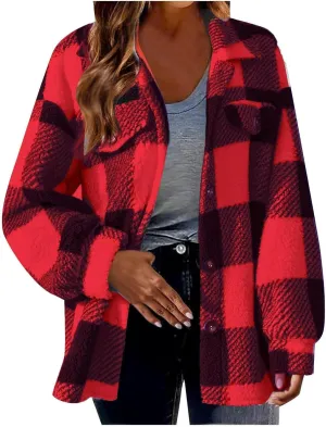 Womens Plaid Fleece Shacket Jacket Oversized Trendy Plaid Flannel Jacket Button Down Fall Winter Warm Hoodie Coat Cardigan