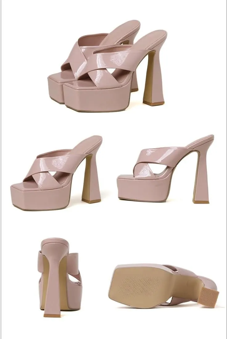 Women's Platform Heels High Chunky Block Heel Square Open Toe Sandals Patent Slip On Pumps Shoes Party Casual High Heels
