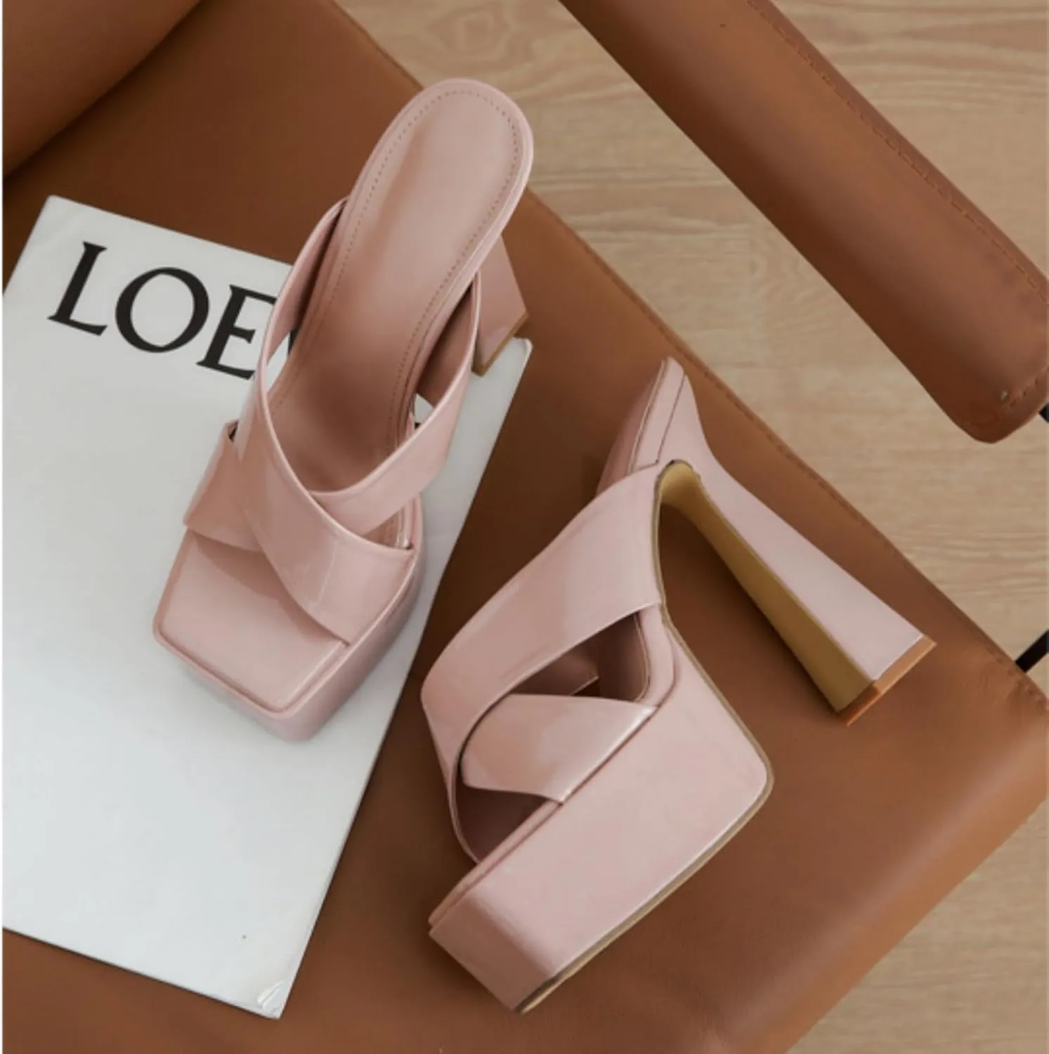 Women's Platform Heels High Chunky Block Heel Square Open Toe Sandals Patent Slip On Pumps Shoes Party Casual High Heels