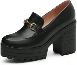Women's Platform High Heel Oxford Pumps Metal Decor Round Toe Leather Slip On Loafers Dress Shoes