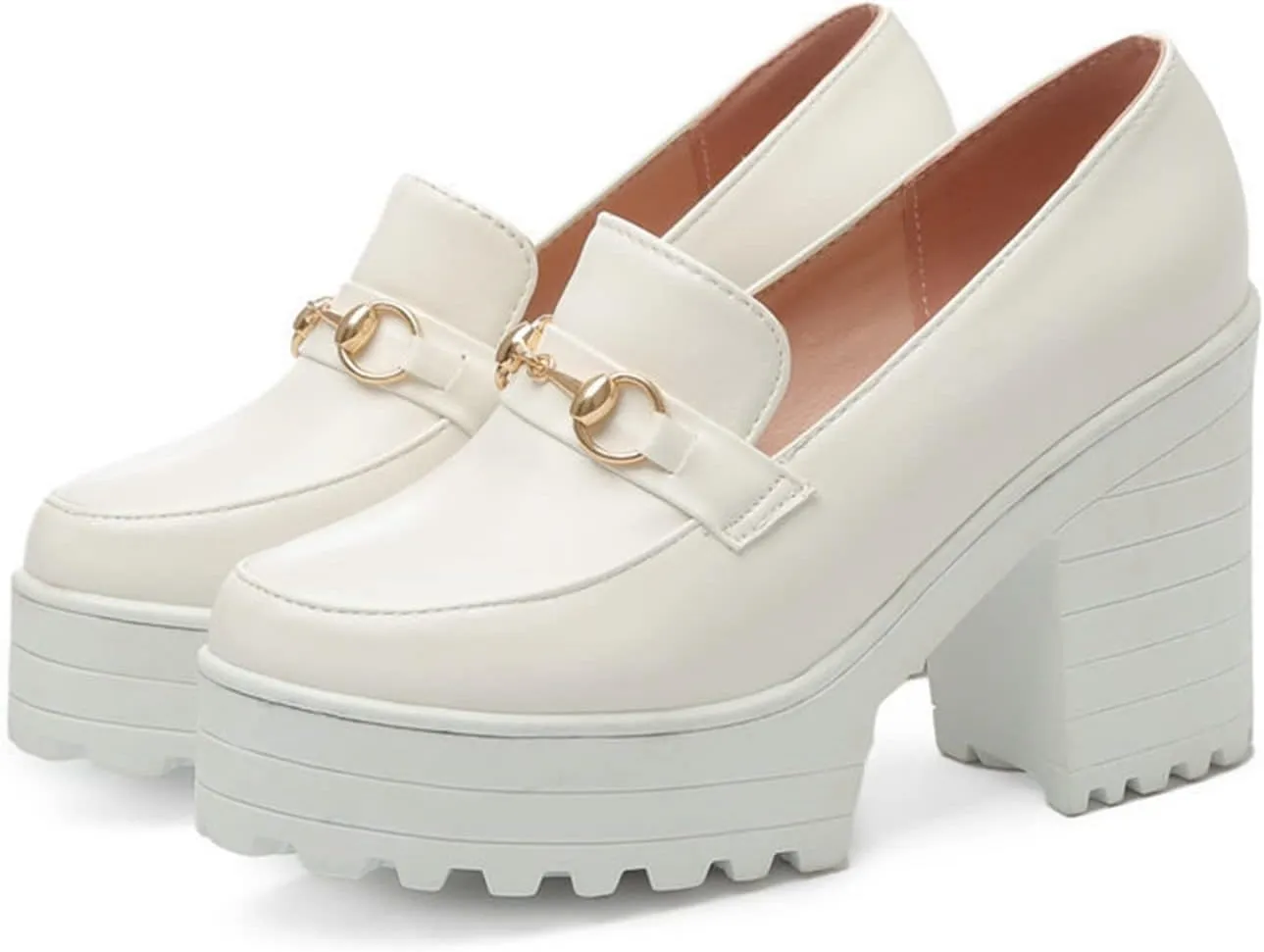 Women's Platform High Heel Oxford Pumps Metal Decor Round Toe Leather Slip On Loafers Dress Shoes