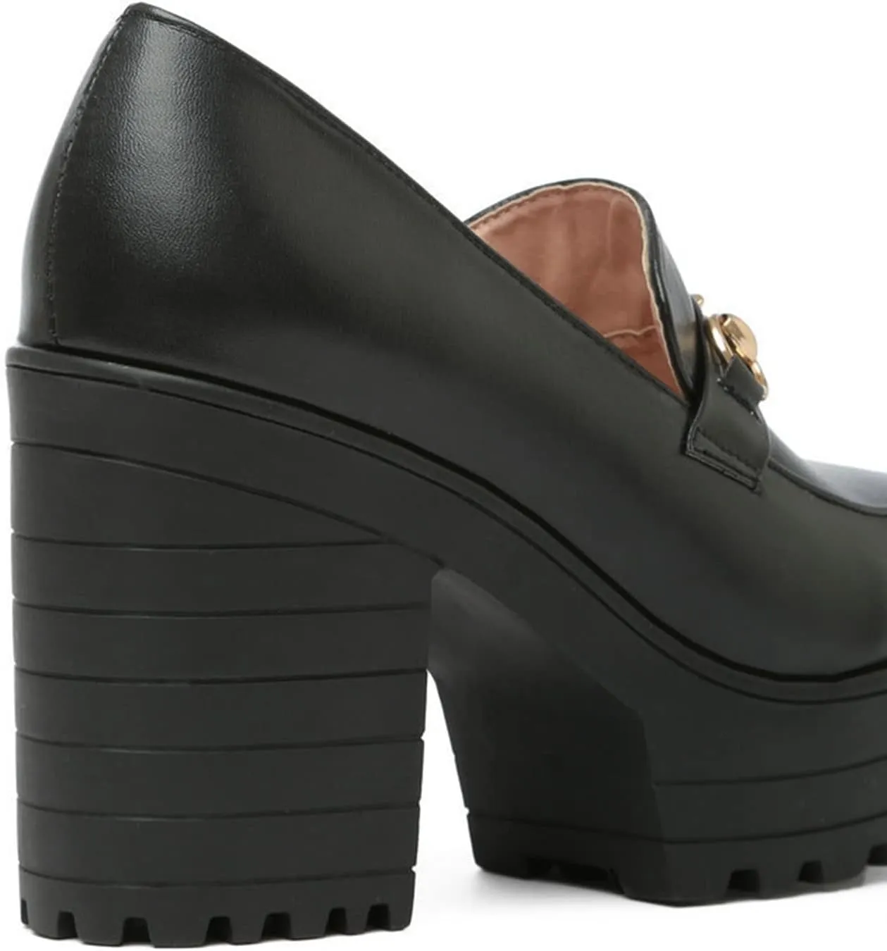 Women's Platform High Heel Oxford Pumps Metal Decor Round Toe Leather Slip On Loafers Dress Shoes