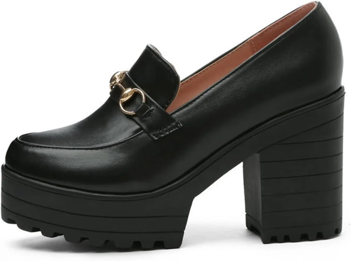 Women's Platform High Heel Oxford Pumps Metal Decor Round Toe Leather Slip On Loafers Dress Shoes