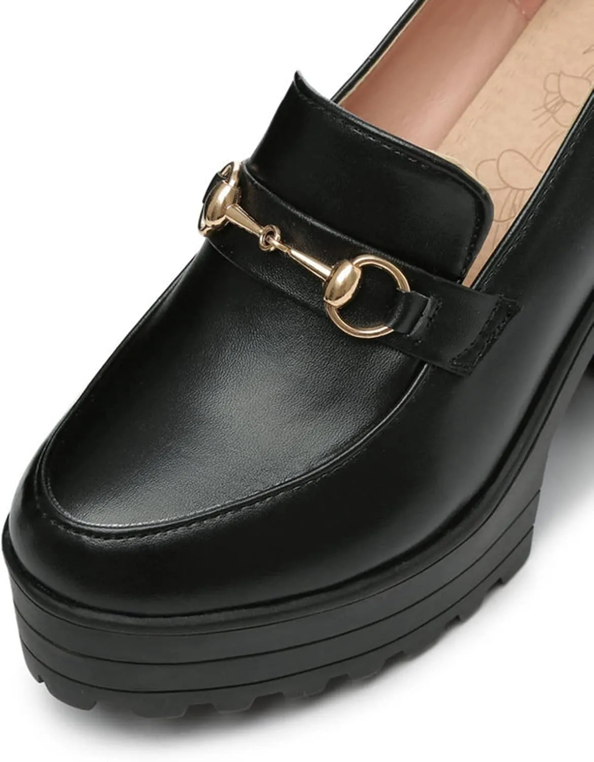Women's Platform High Heel Oxford Pumps Metal Decor Round Toe Leather Slip On Loafers Dress Shoes