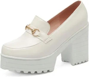 Women's Platform High Heel Oxford Pumps Metal Decor Round Toe Leather Slip On Loafers Dress Shoes
