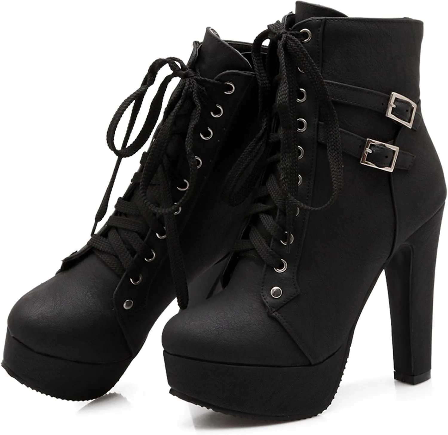 Womens Platform Lace Up Biker Boots Chunky High Heel Booties Buckle
