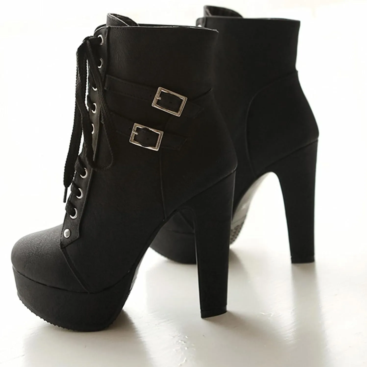 Womens Platform Lace Up Biker Boots Chunky High Heel Booties Buckle