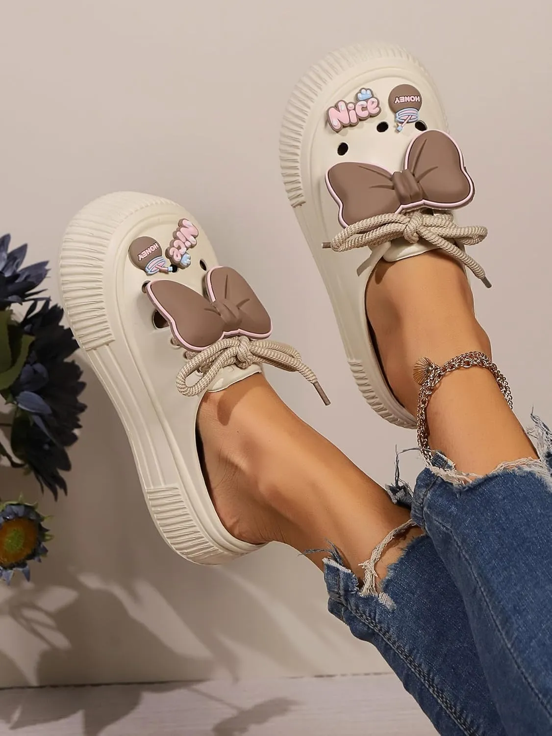 Women's Platform Slide Sandals with Bow and Flower Charms, Cavernous Upper