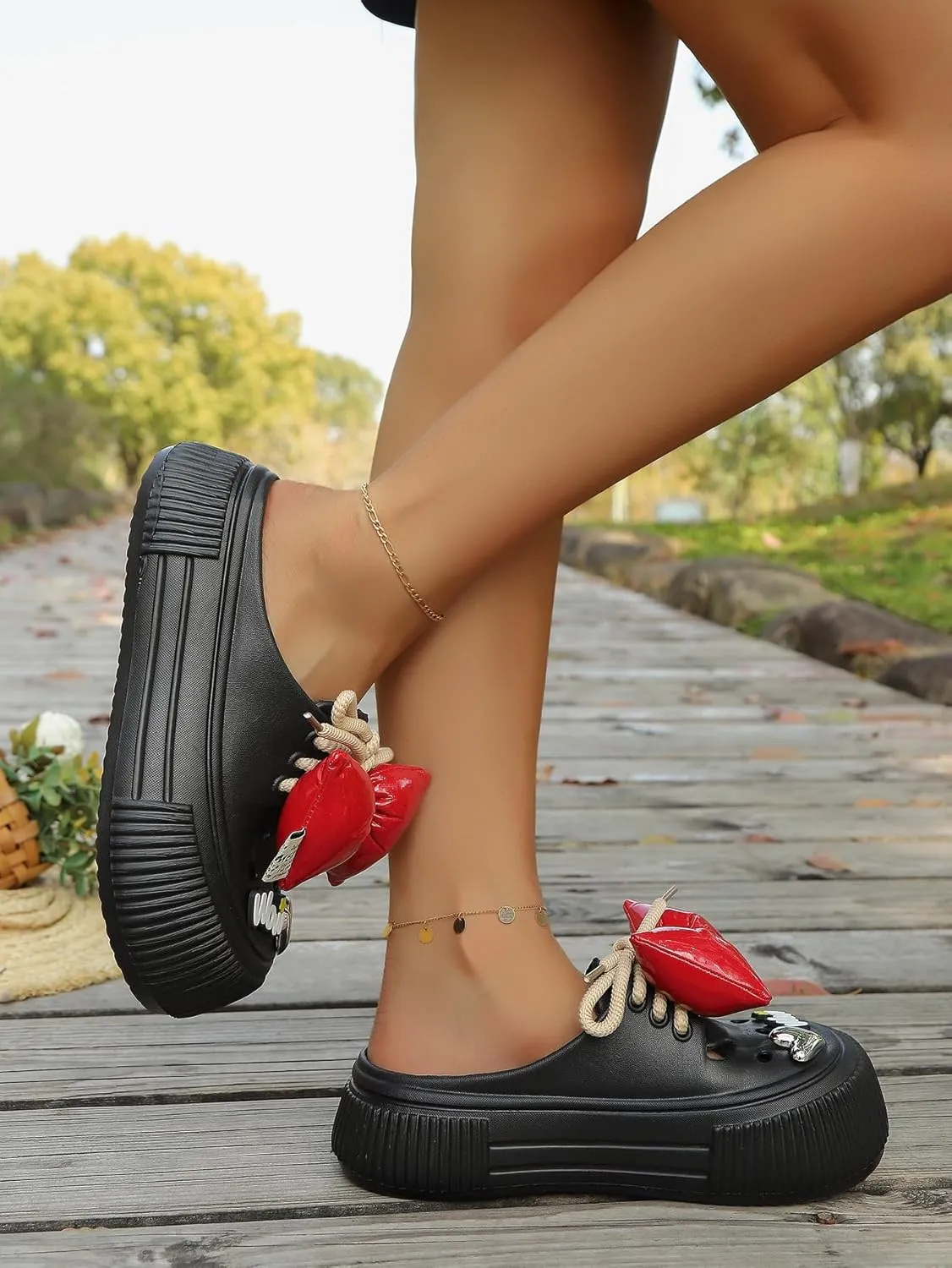 Women's Platform Slide Sandals with Bow and Flower Charms, Cavernous Upper
